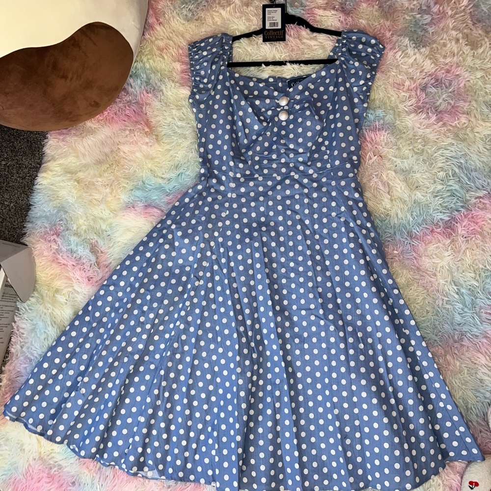 Vintage Collectif Sky Blue Polka Dot Midi Dress